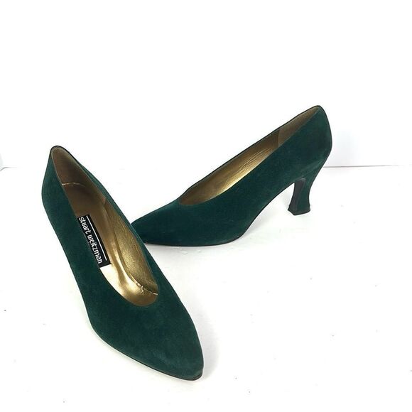 New Stuart Weitzman Green Suede Heels Pumps Gold Tone Leather Lining US 8 B - Picture 1 of 12